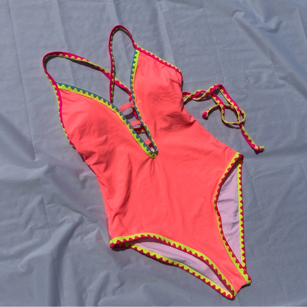 Popvil One Piece Swimsuit Tummy Control Deep V Neck Neon Back Tie Bright